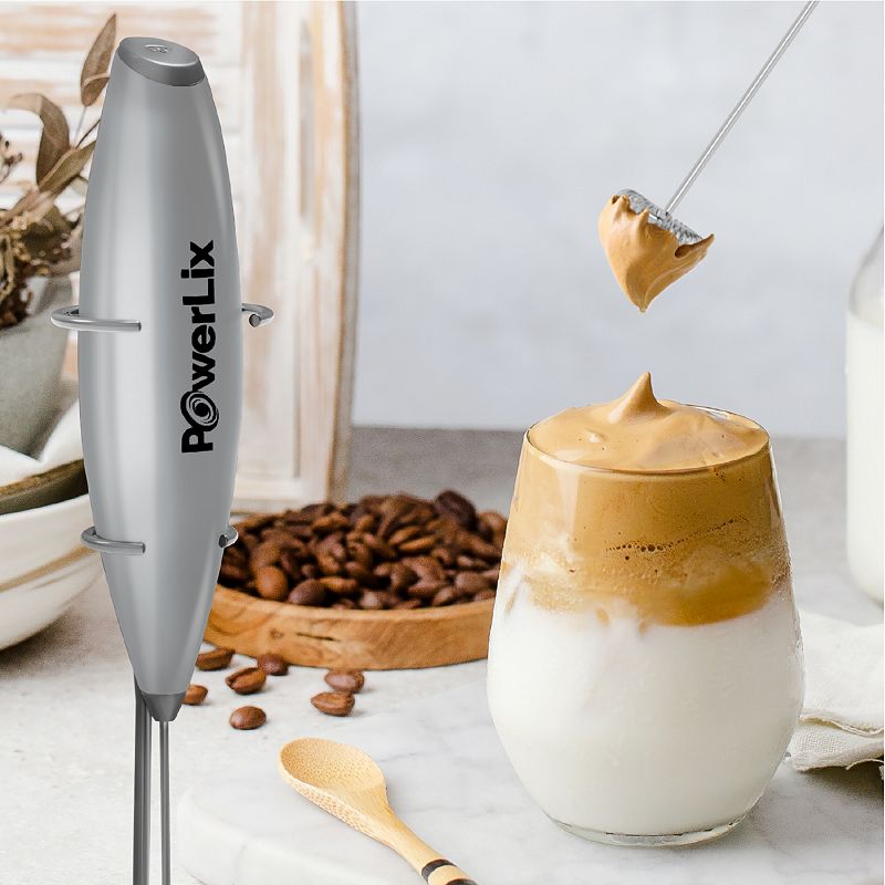 PowerLix Milk Frother Handheld Battery Operated Electric Whisk Foam Maker For Coffee - With Stainless Steel Stand Included