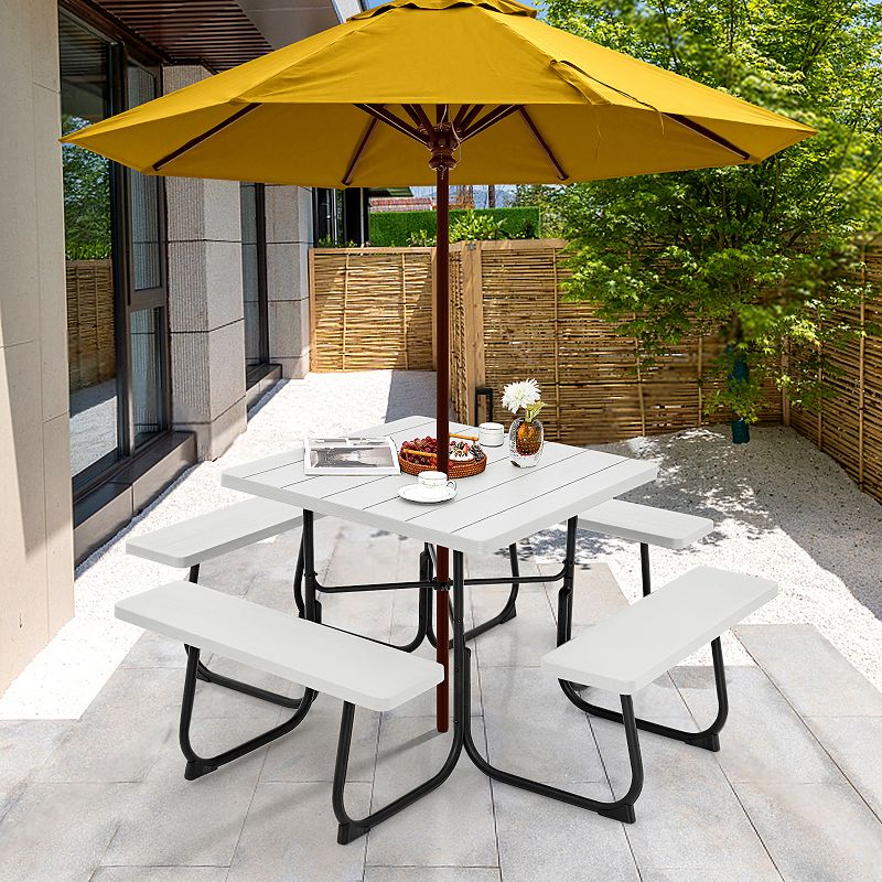 Outdoor Picnic Table With 4 Benches And Umbrella Hole