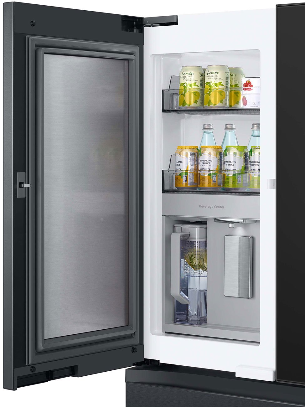  23 Cu. Ft. BESPOKE Counter Depth 4-Door French Door Refrigerator - Charcoal Glass Top Left And Family Hub Panels With Matte Black Steel Middle And Bottom Panels