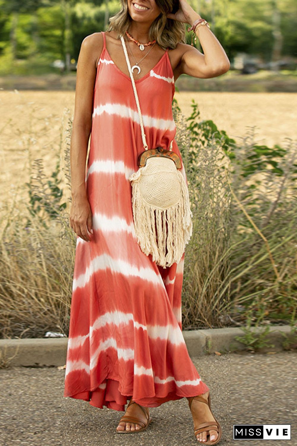 Orange Tie Dye Striped Spaghetti Straps Maxi Dress