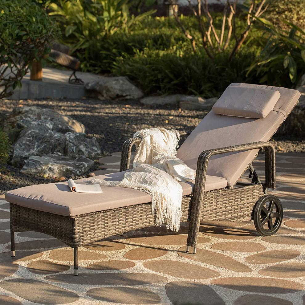 Set of 2 Outdoor Chaise Lounge  Wicker Frame and Cushioned Seat With Head Pillow   Tropical   Outdoor Chaise Lounges   by Decor Love  Houzz