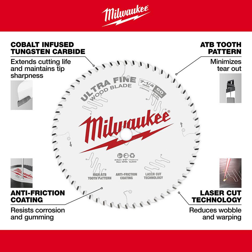 Milwaukee 7-1/4 in. 60T Ultra Fine Finish Circular Saw Blade 48-40-0730 from Milwaukee