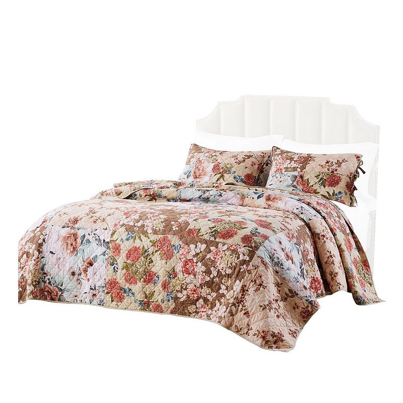 Rome 3 Piece Microfiber Reversible Floral Print Queen Quilt Set， Multicolor