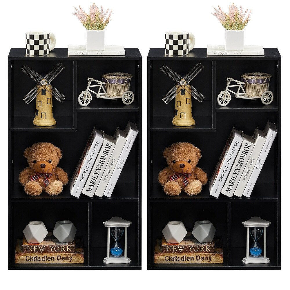 VECELO  Widened Version，(Set of 2)2 Tier Five Open Cube Wooden Bookcase Organizer  Bookshelf