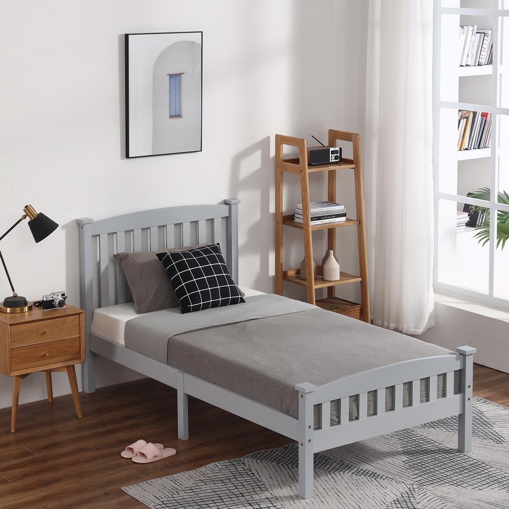 Ktaxon Twin Bed Frame,Solid Pine Wood Kids Twin Platform Bed Frame, Bedroom Twin Bed with Headboard for Adults, Gray, 78.94âL*42.44âW*39.17âH