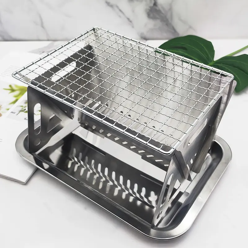 Folding Small Tabletop BBQ Grill with Stainless Steel Tong Camping Tool Kits For Picnic Hiking Cooking