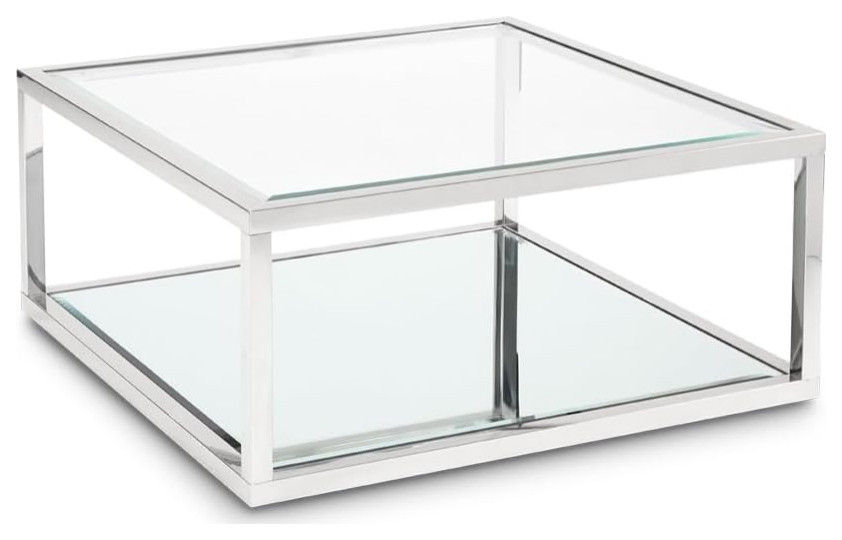 Modern Coffee Table  Silver Stainless Steel Frame With Mirror Shelf  ampGlass Top   Contemporary   Coffee Tables   by Decor Love  Houzz