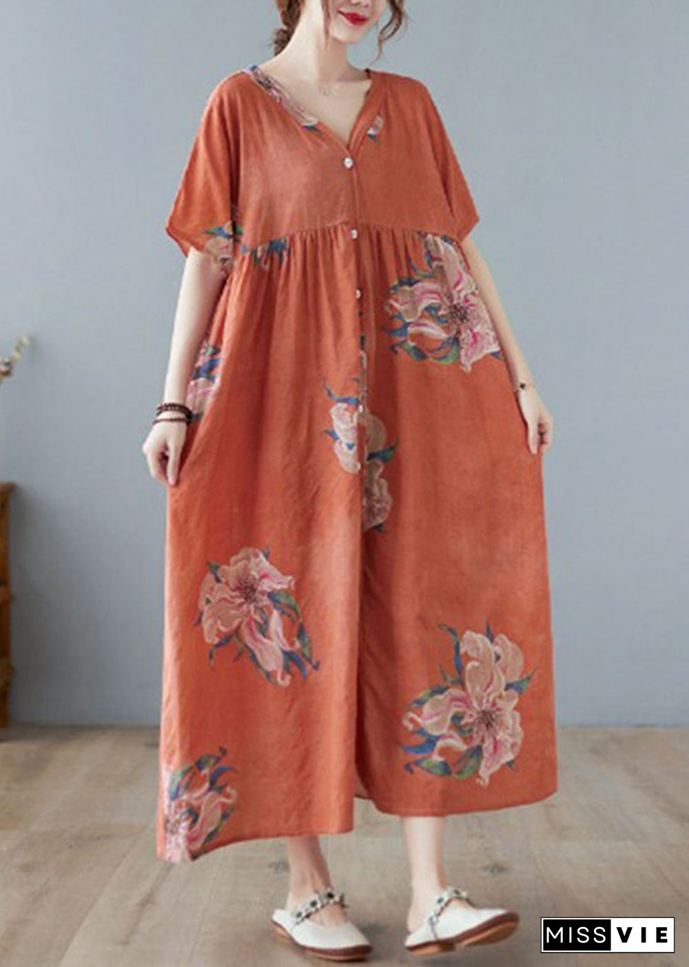 Plus Size Orange V Neck Maxi Dress Short Sleeve