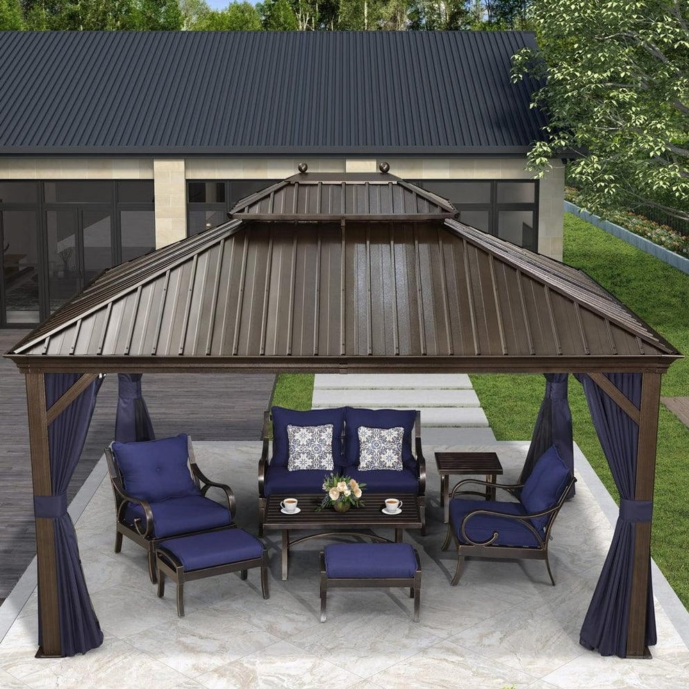 PURPLE LEAF Hardtop Aluminum Gazebo with Curtains and Netting  Double Roof Patio Gazebo
