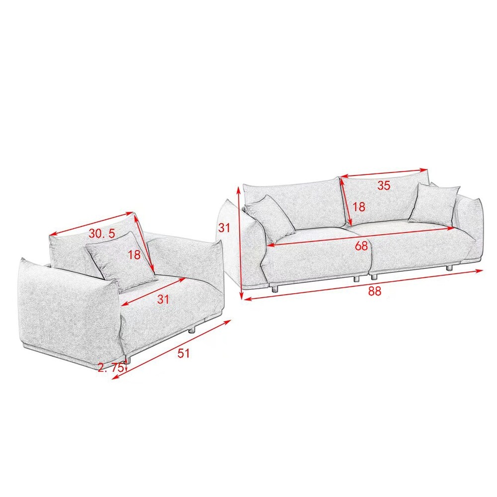 2 Piece Fabric Living Room Combination Sofa Set with 3 Pillows