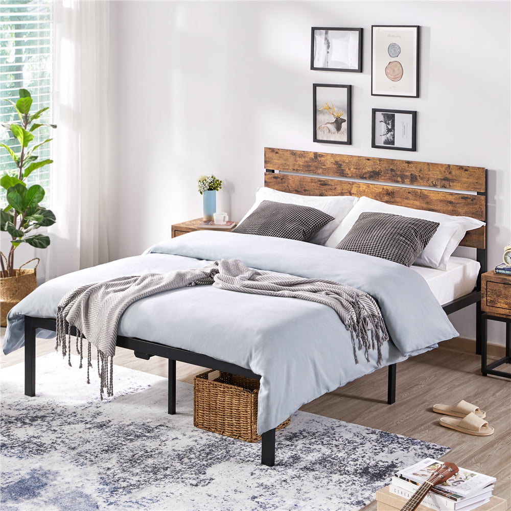 SMILE MART Wood Slat Headboard Black Metal Platform Full Bed, Brown Wood