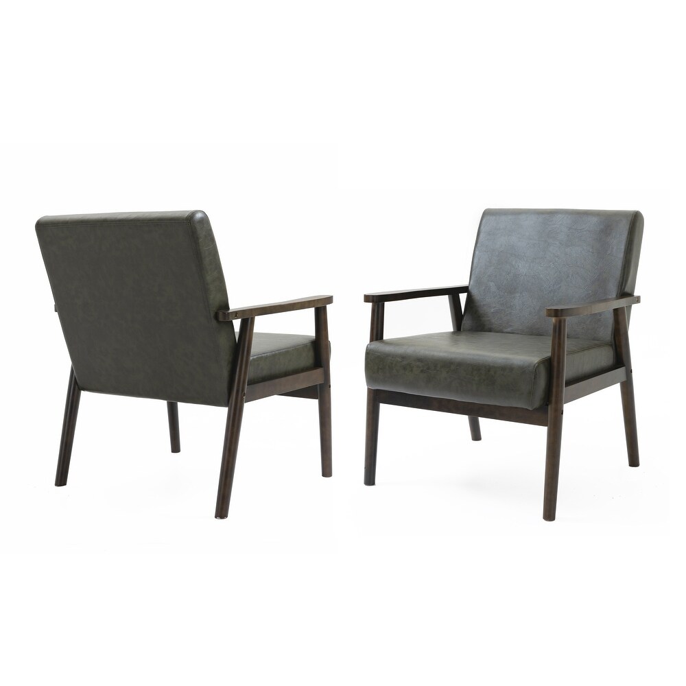 Mid century Modern Solid Wood Vegan Brown Leather Upholstered Armchairs SET OF 2