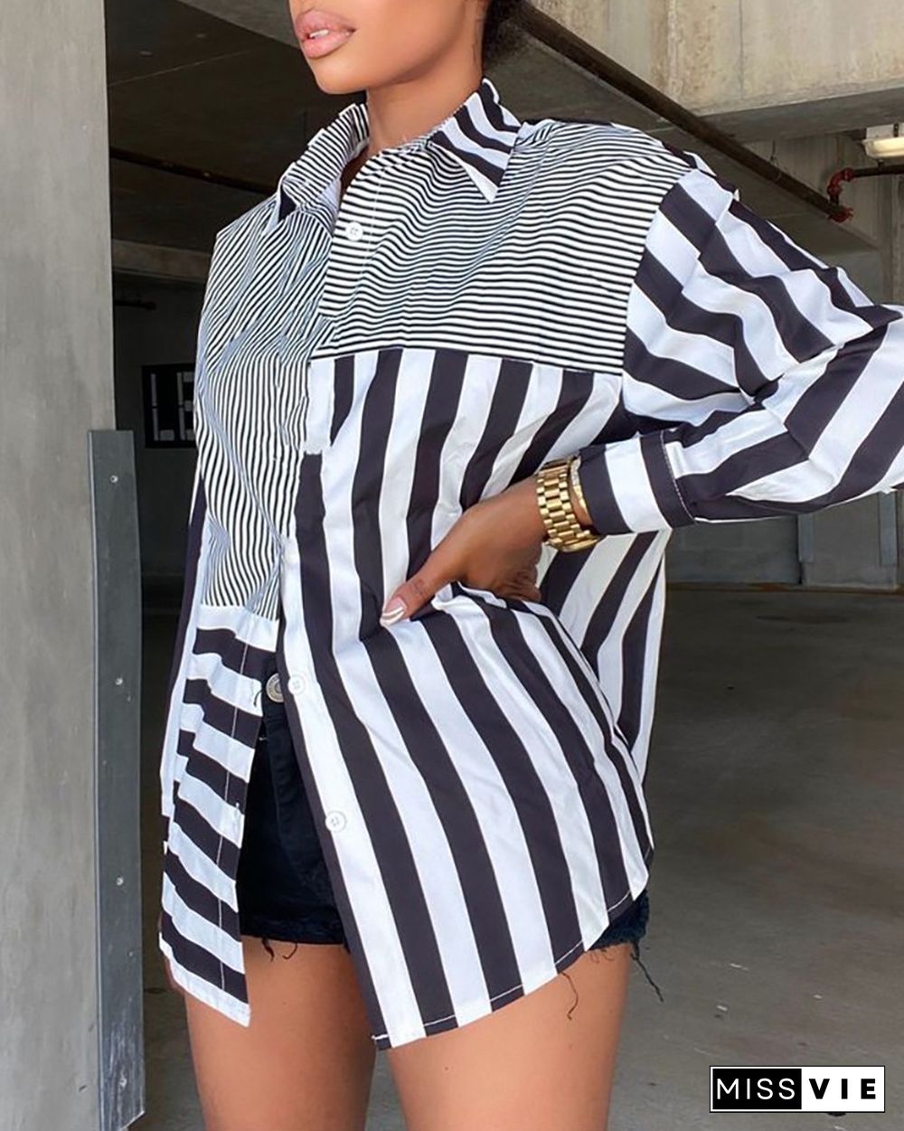 Striped Print Buttoned Casual Shirt Dress