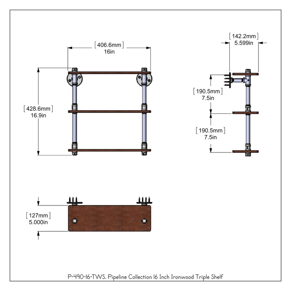 ied Brass Pipeline Collection 16 Inch Ironwood Triple Shelf