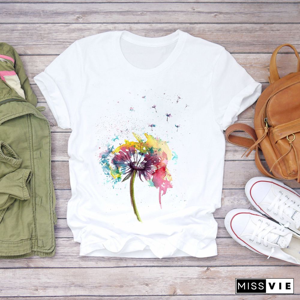 Women T-shirts Bee Flower Watercolor Short Sleeve 90s Trend Ladies Print Lady Womens Graphic T Top Shirt Female Tee T-Shirt