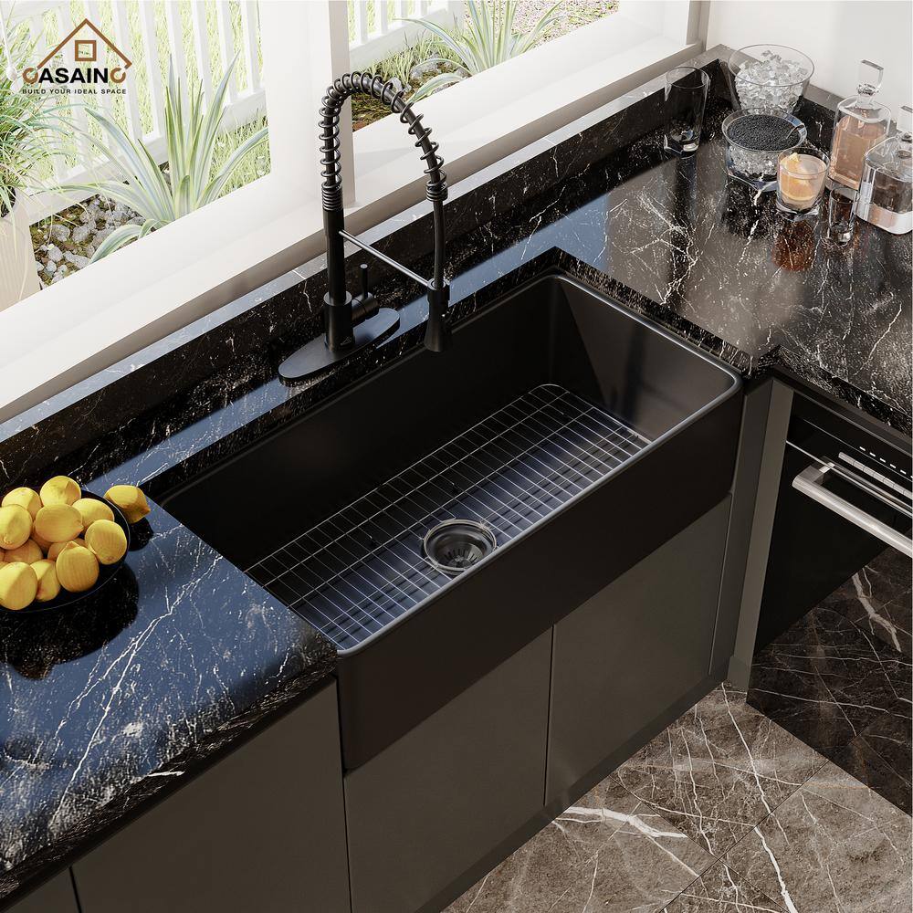 CASAINC Black Fireclay 36 in. Single Bowl Farmhouse Apron Kitchen Sink with Two-function Sprinkler Kitchen Faucet CA-B36-D0675MB