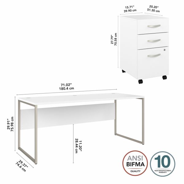 Bush Business Furniture Hybrid 72W x 30D Computer Table Desk with 3 Drawer Mobile File Cabinet in White