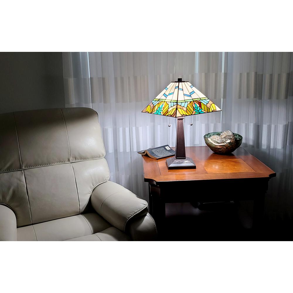 23" White and Aqua Stained Glass Two Light Mission Style Table Lamp