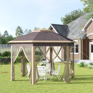 Outsunny 13 ft. x 11 ft. Pop Up Beige Gazebo Double Roof Canopy Tent with Zippered Mesh Sidewalls 84C-299BG