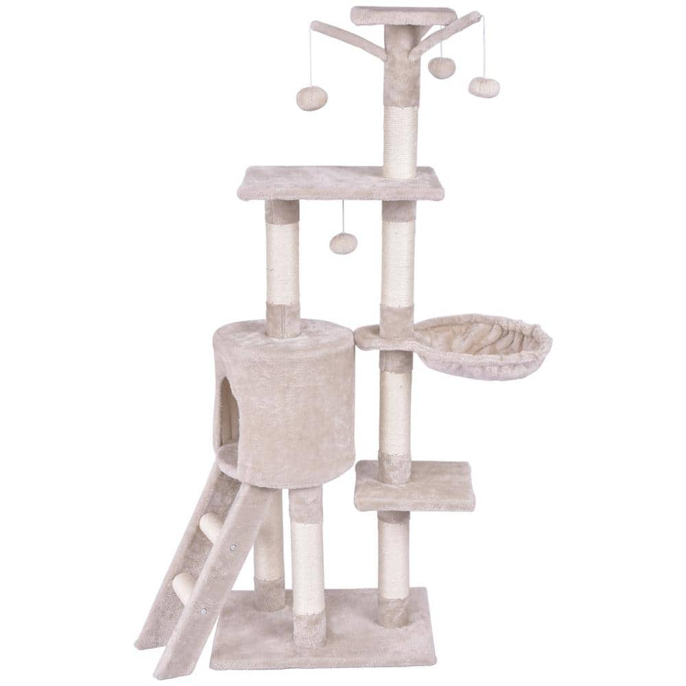 WELLFOR Beige Cat Trees and Scratch Posts Furniture Cover Kitten Climbing Tower Cat Condo with Sisal-Covered Posts and Ladder PS-HWY-7389BE