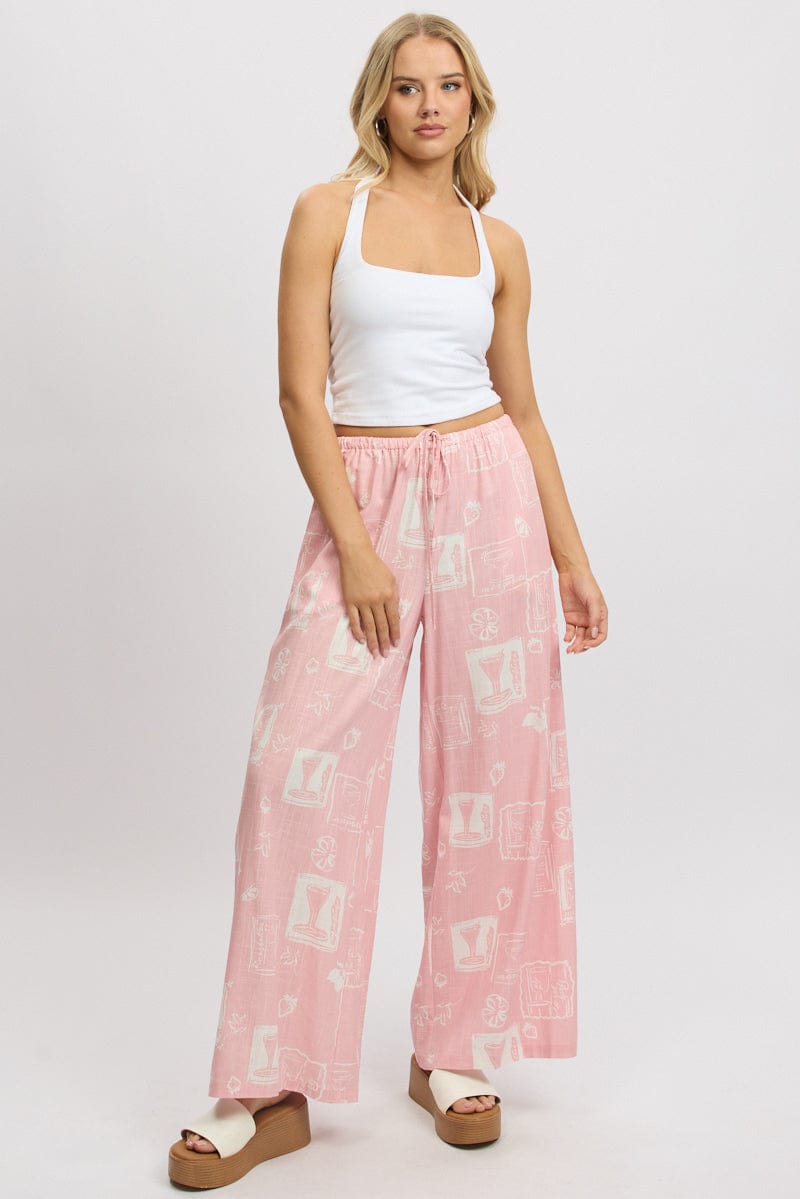Pink Abstract Wide Leg Pants High Rise