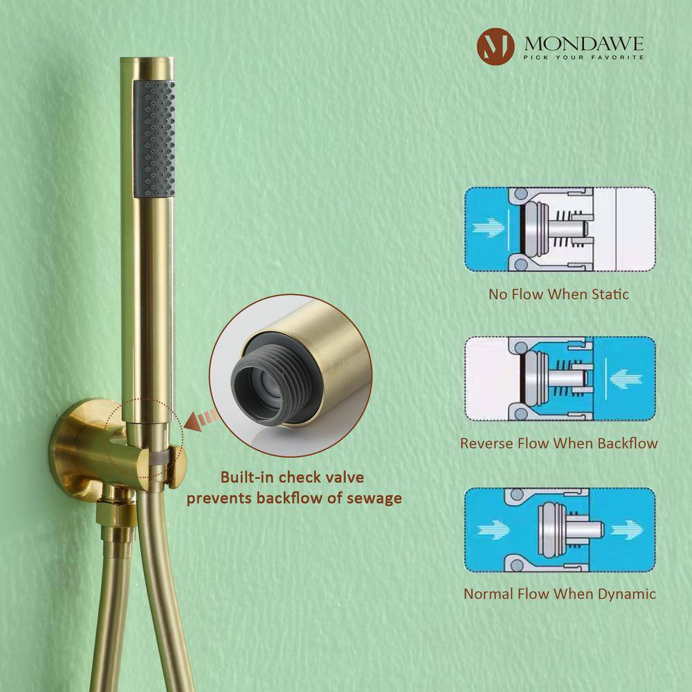 Mondawe Round 1-Spray Patterns Balance Valve Shower Faucets Set with 2.5 GPM 10 in. Ceiling Mount Dual Shower Heads in PVD Gold AM-S133AC-10BG