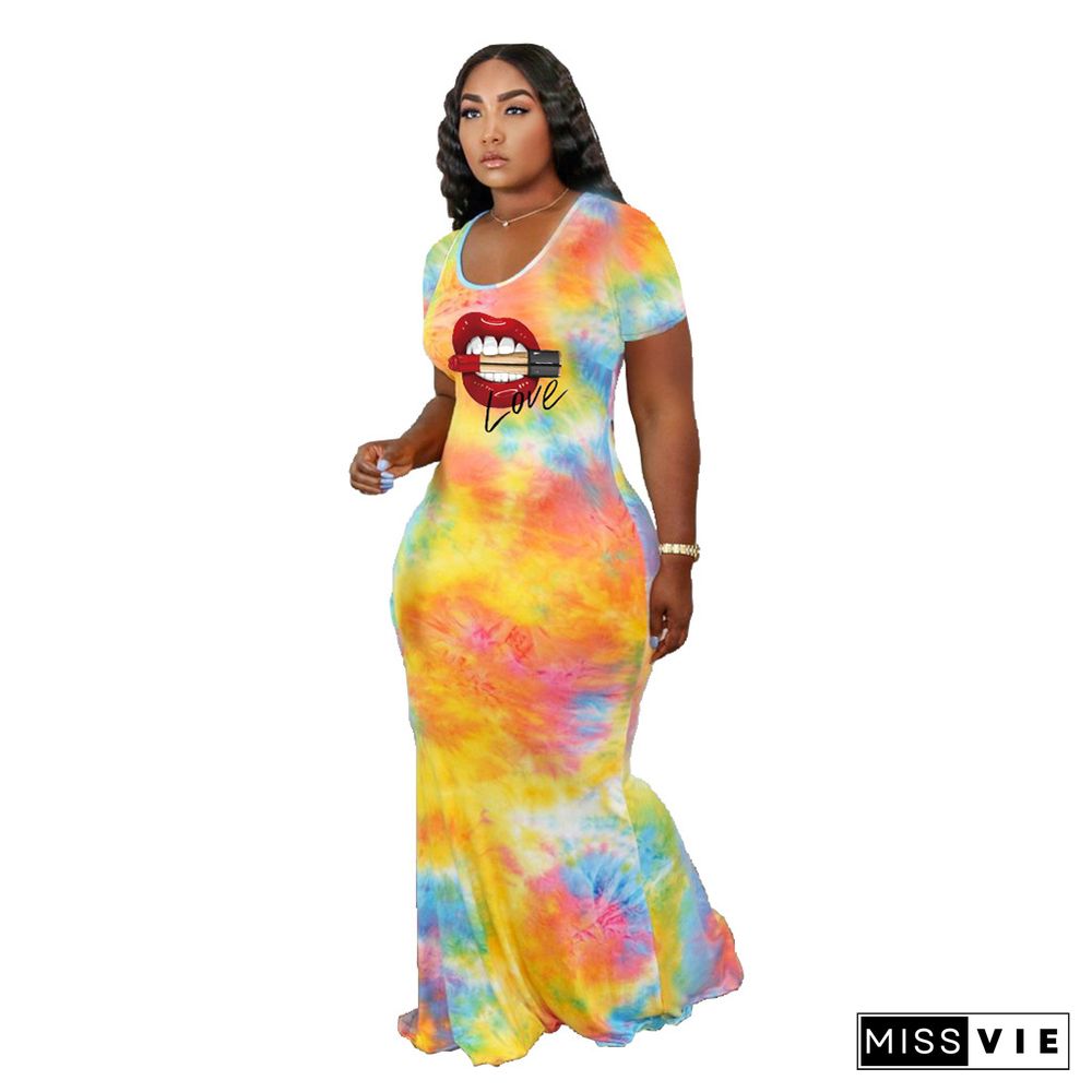 Tie Dye Lips Print Short Sleeve Cut Out Maxi Dresses