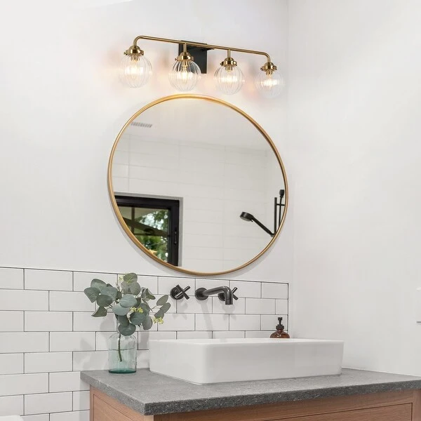 Modern 4-Light Black Gold Bathroom Linear Vanity Lights Globe Glass Wall Sconces - 28.5