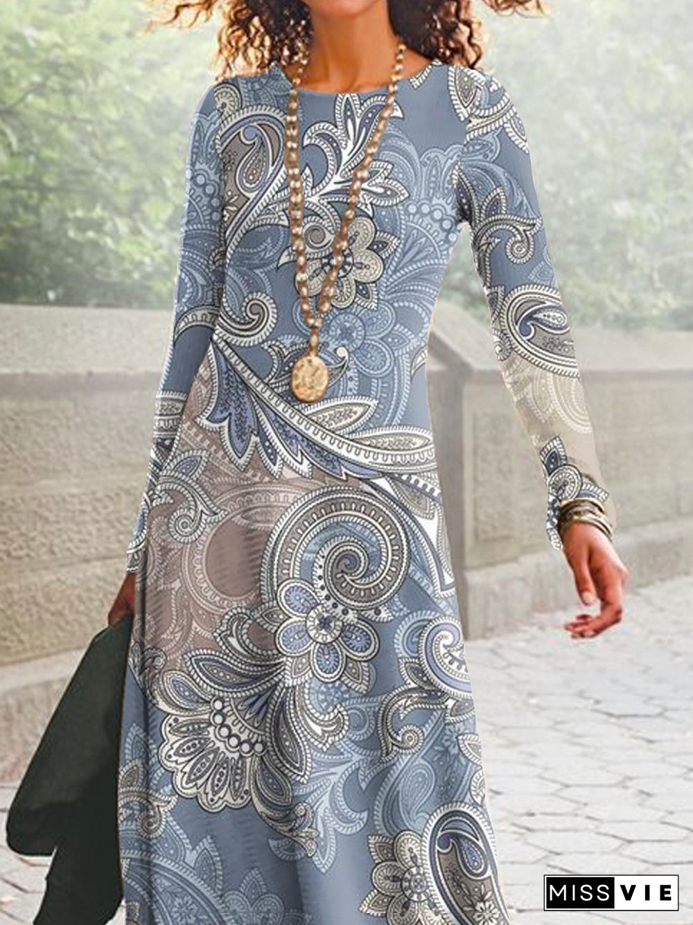 Casual Long Sleeve Vintage Paisley Printed Dresses