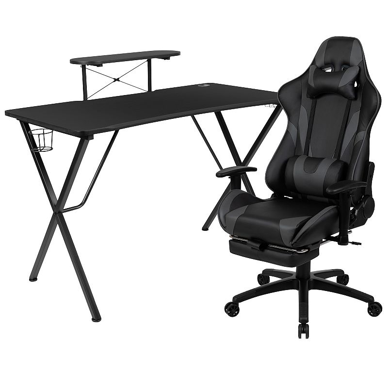 Emma and Oliver Gaming Desk and Chair Set - Cup Holder， Headphone Hook， and Monitor Stand