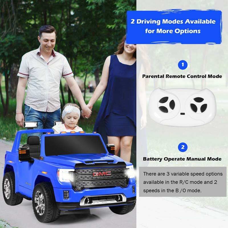 2-Seater GMC Licensed Kids Ride On Car 12V Battery Powered Electric Riding Toy Truck with Storage Box