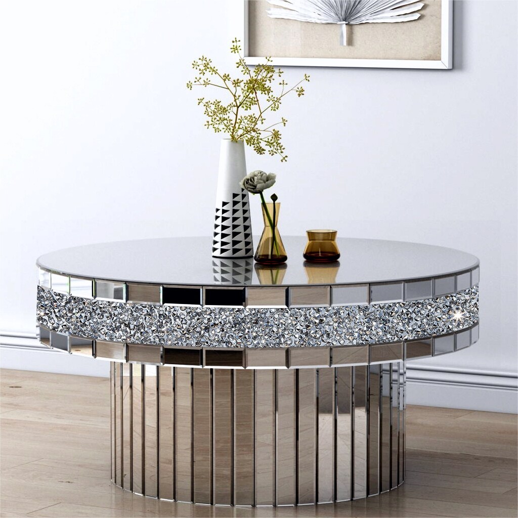 Round Coffee Table Mirrored Crushed Diamond Accent Living Room Table - 35