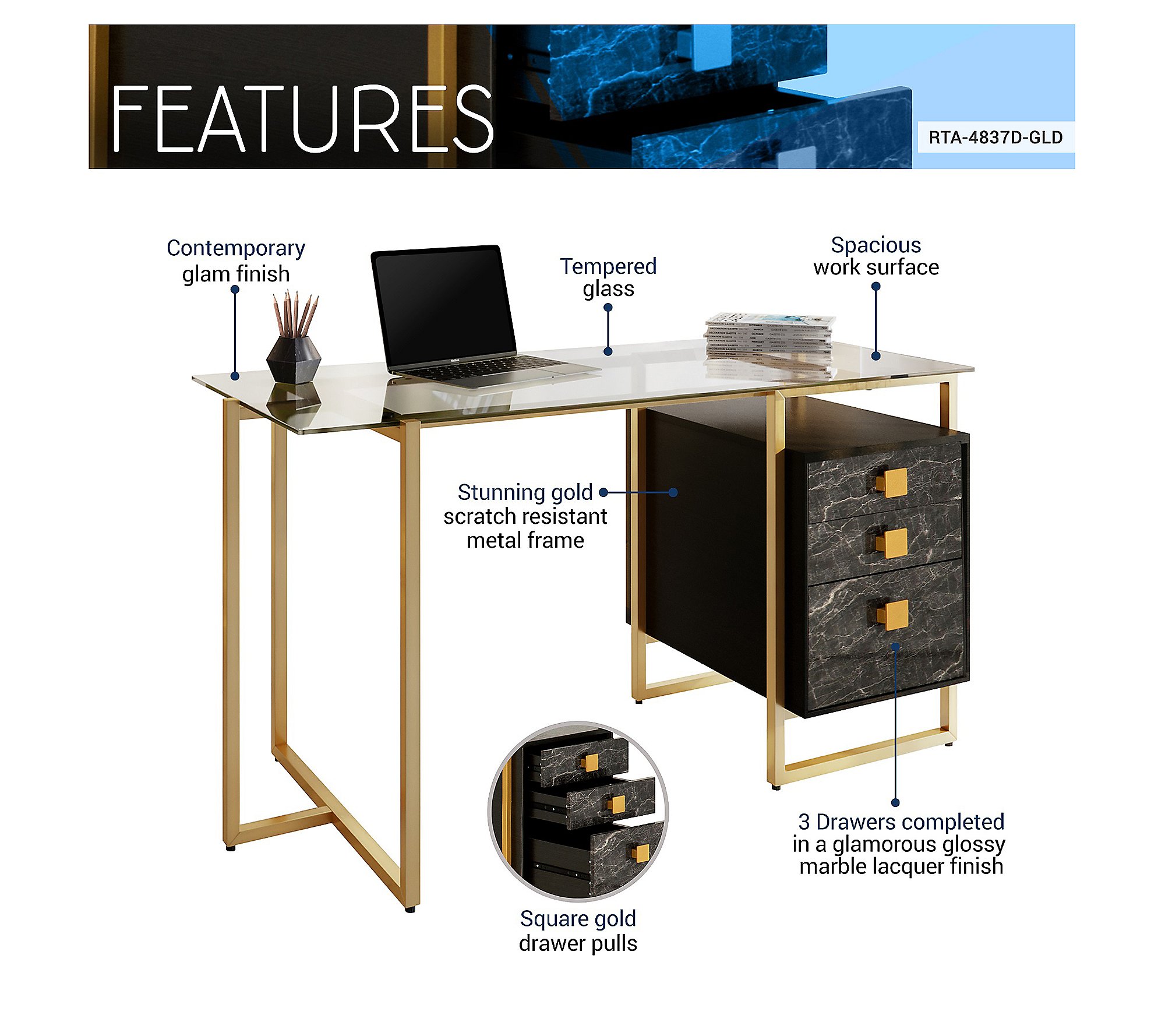 Techni Mobili Glass Top Computer Desk W Storage