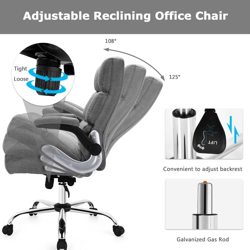 Linen Fabric Thick Padding Big & Tall Executive Office Chair with Flip-up Armrest, Swivel High Back Computer Desk Chair