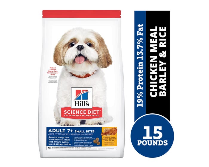 Hills Science Diet Adult 7+ Small Bites Chicken Meal， Barley  Rice Recipe Dry Dog Food， 15 lb. Bag