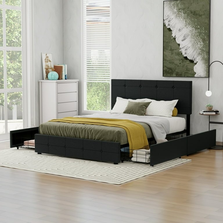 NNV Upholstered Platform Bed Frame with 4 Storage Drawers  Button Tufted Design