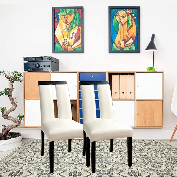 Set of 2 Chairs Black And White Leatherette Beautiful Padded Side Chairs Slit Back Design Kitchen