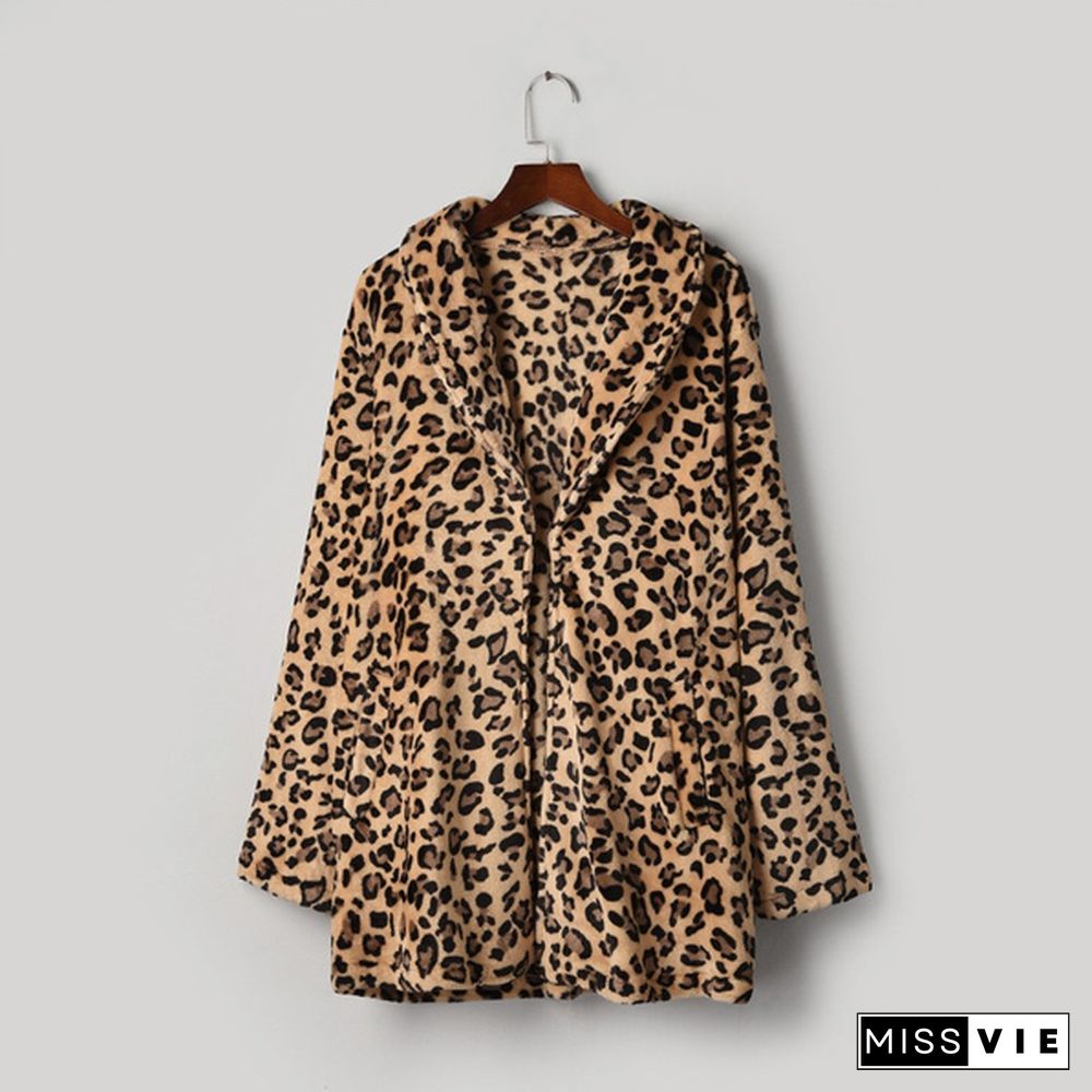 Women's Leopard Warm Coat Long Jackets Faux Fur Pocket Fuzzy Warm Winter Oversized Outwear Long Coat