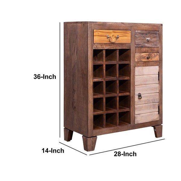 35 Inch 3 Drawer Wooden 15 Bottle Wine Accent Cabinet with 1 Door Storage， Brown