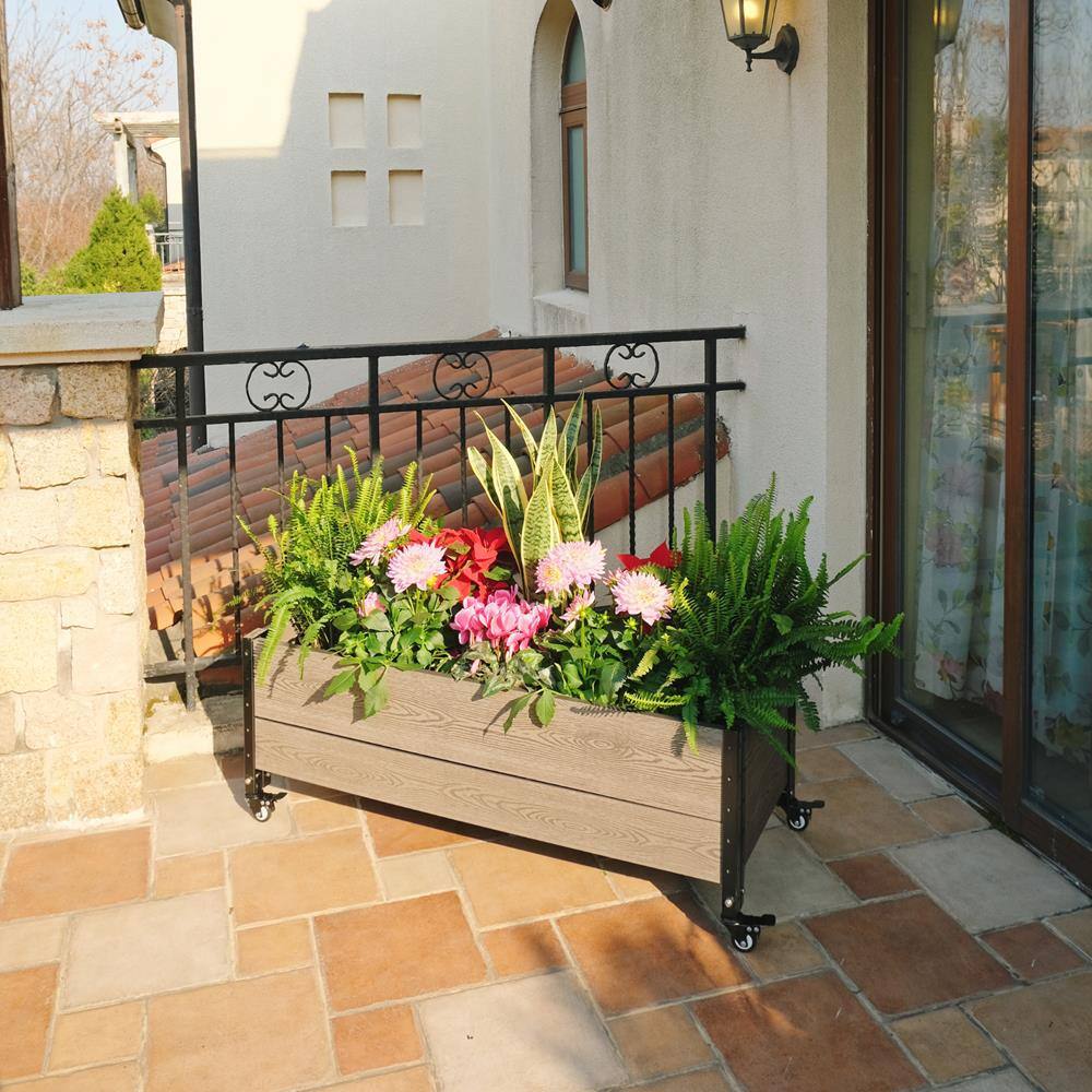 EverBloom 19 in. D x 17 in. H x 45 in. W Brown and Black Composite Board and Steel Mobile Deckside Planter Box Raised Garden Bed K2110