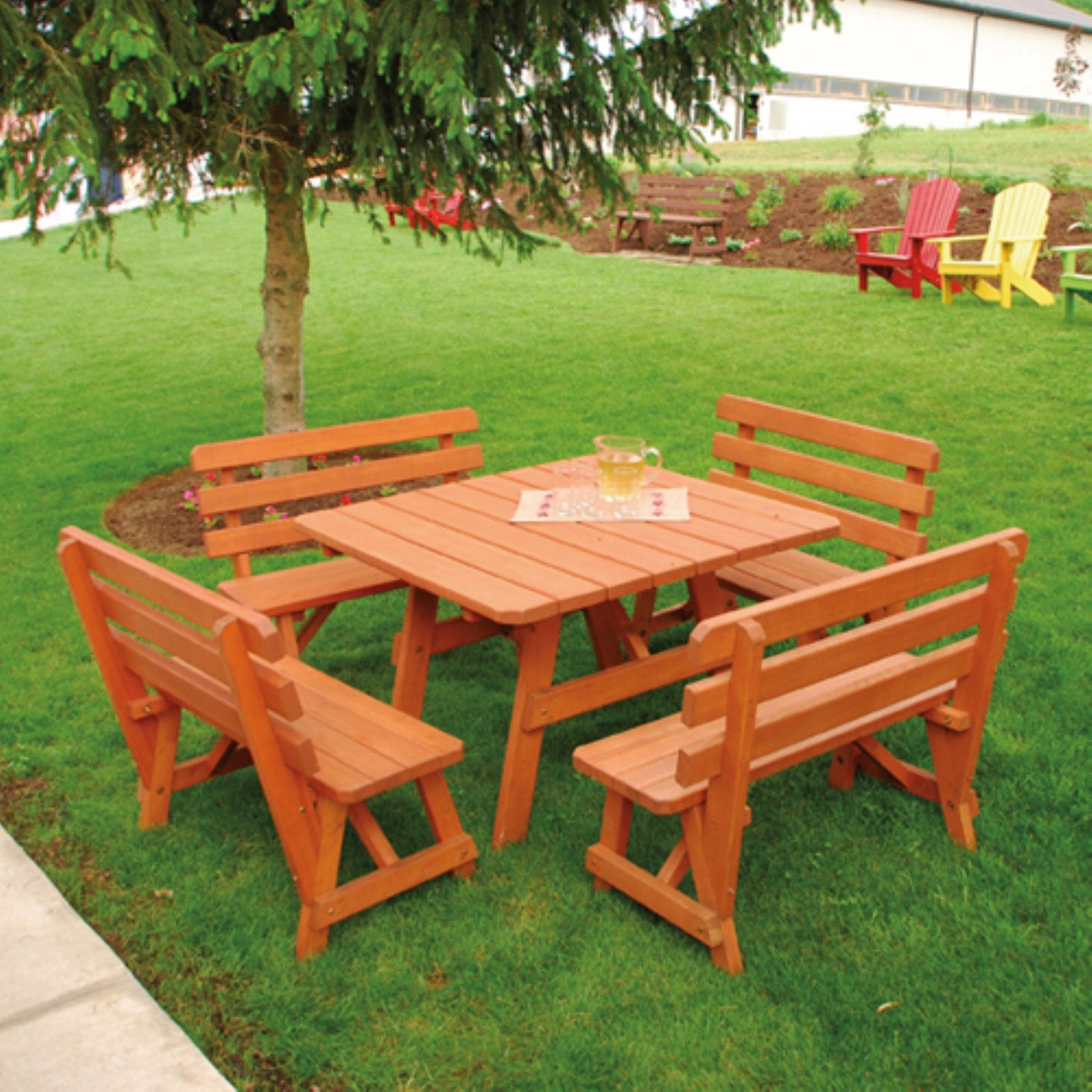 A andamp; L Furniture Yellow Pine Traditional Square Picnic Table with 4 Backed Benches