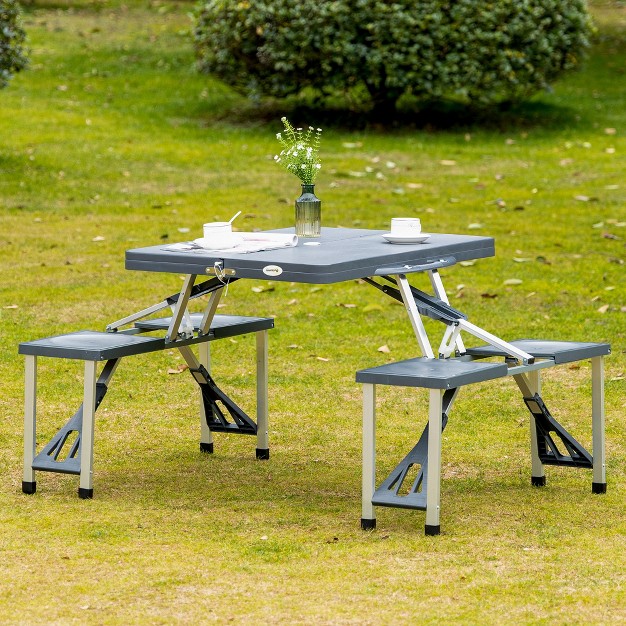 Outsunny Portable Foldable Camping Picnic Table Set With Four Chairs And Umbrella Hole 4 seats Aluminum Fold Up Travel Picnic Table