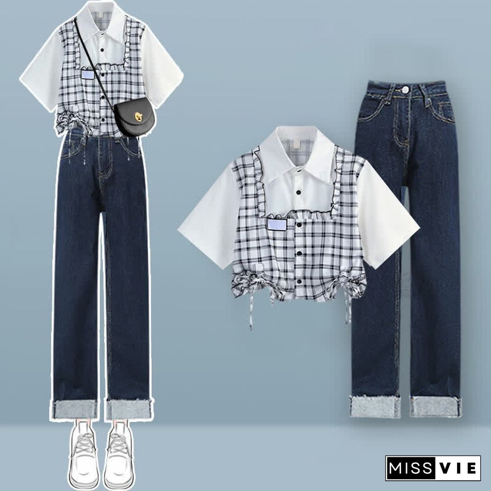 Lattice Print Drawstring Lapel T-Shirt Loose Denim Pants