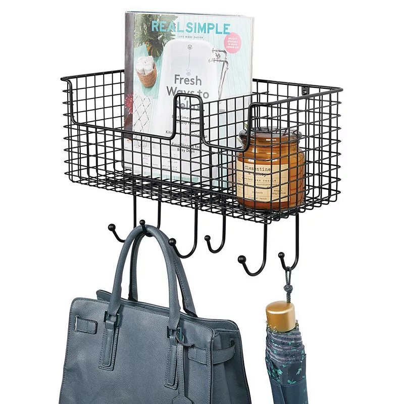 mDesign Metal Storage Organizer Basket with 6 Hooks - Wall Mount