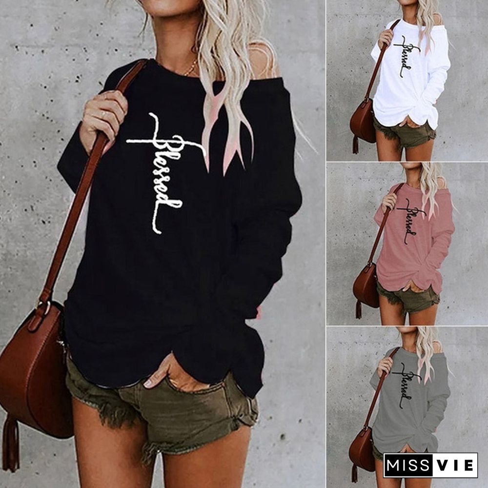 New Autumn And Winter Fashion Women Blessed Letter Printed Long Sleeve Sweatshirt Round Collar Loose Blouses Pullover Tops Jumpers