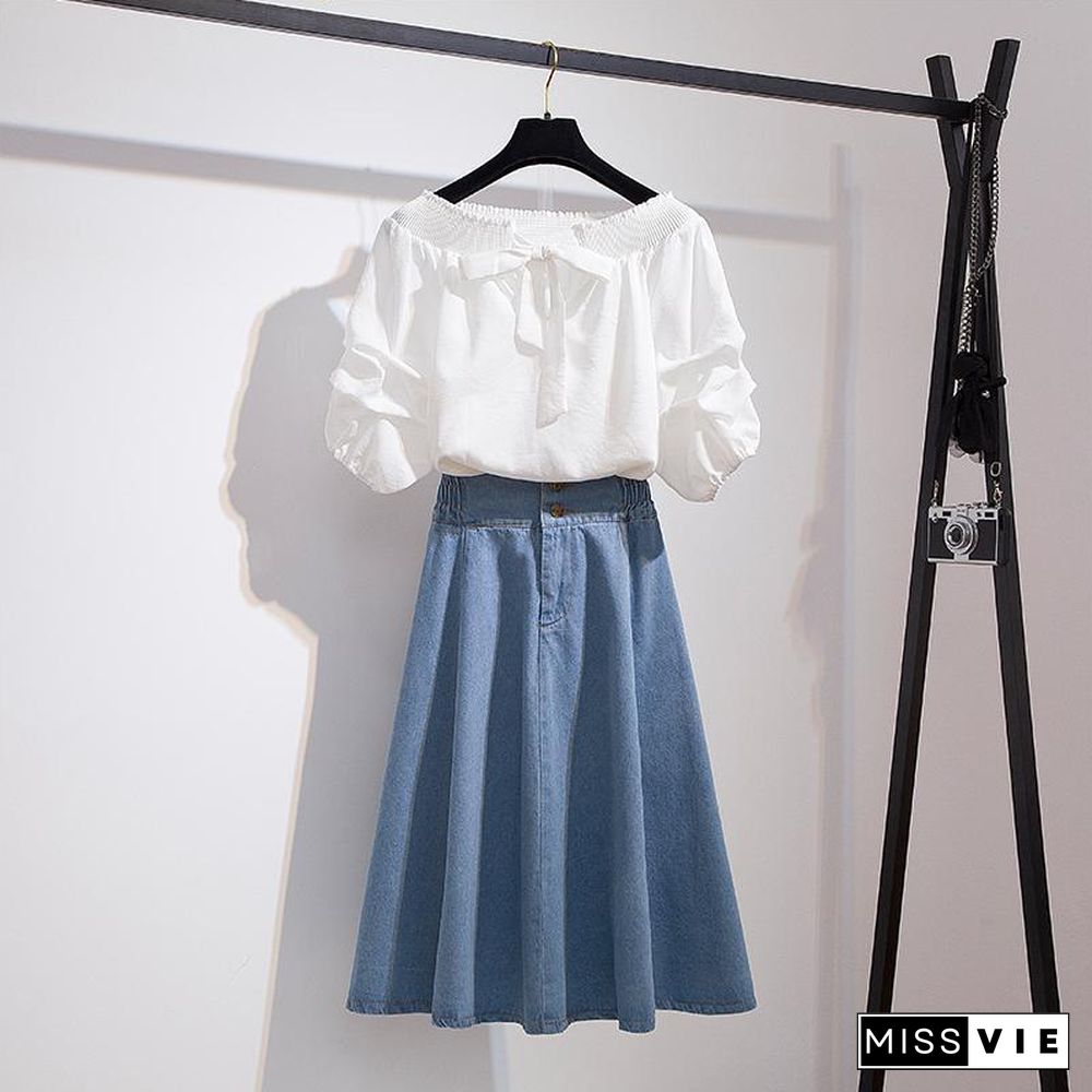 Cute Off Shoulder Blouse+Denim Skirt P11160