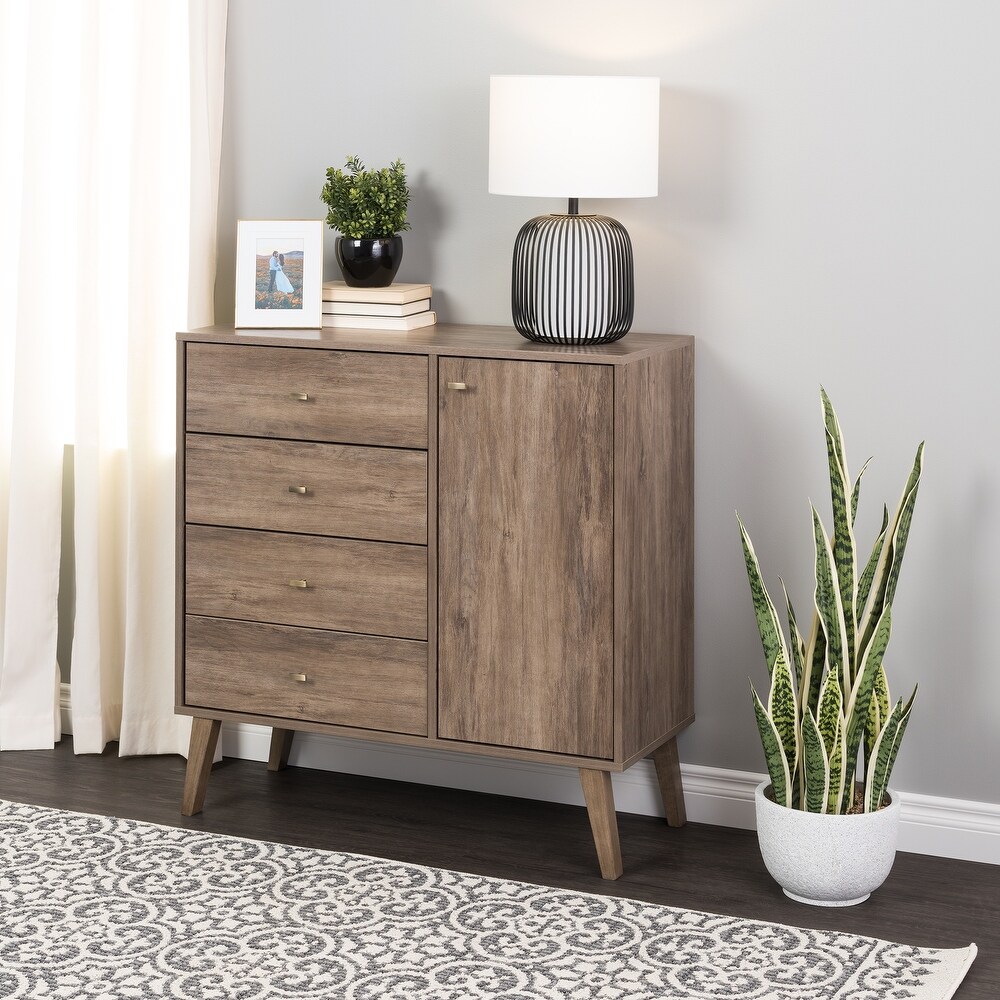 Prepac Milo Mid Century Modern 4 Drawer Combo Dresser  Chest of Drawers With Door  Contemporary Bedroom Furniture