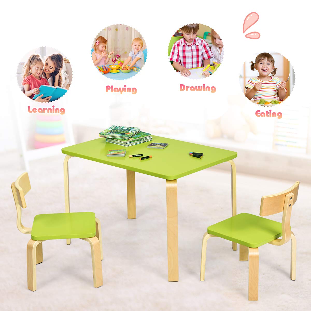 Costzon Kids Table and Chair Set, Wood Table and Chairs for Toddlers Reading, 3 Piece Furniture