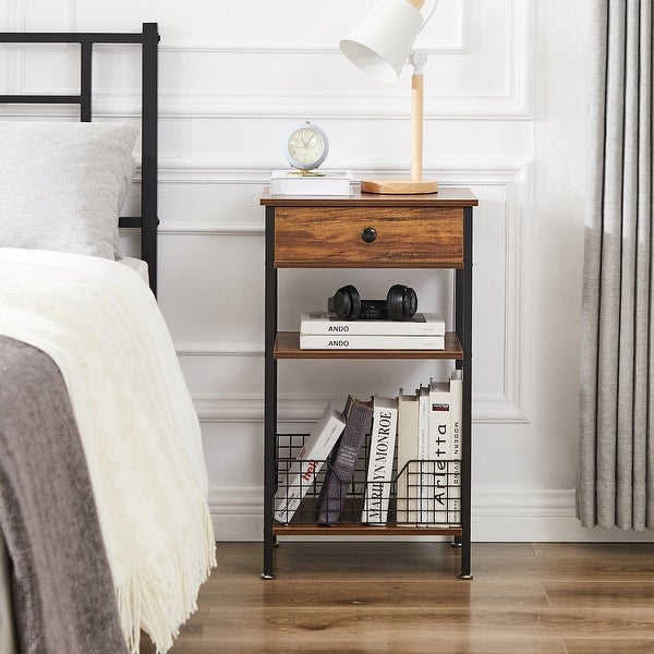 Taomika 1-Drawer Mid Century Modern Nightstand with Storage Shelves and Baskets - - 36349587