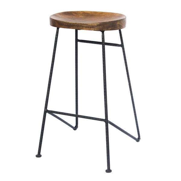 Mango Wood Saddle Seat Bar Stool With Iron Rod Legs， Brown and Black - 28 H x 11 W x 15 L Inches